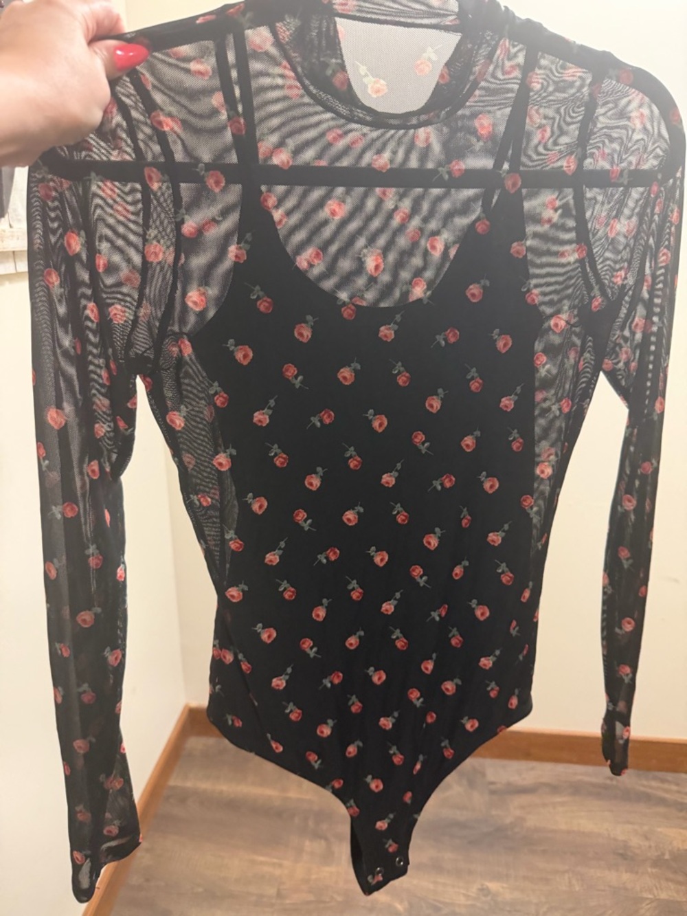 Sheer Floral Bodysuit Womens Medium Black Rose Mesh Lined Spaghetti Strap NWOT